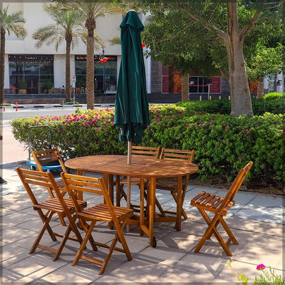 RAINTREE 7 Pcs Foldable Acacia Wood With Movable Tyres Patio Bistro Set - Outdoor Wood Chair And Table Set Dining Table Set For Garden Furniture Balcony Pool Side and Outdoor Area use