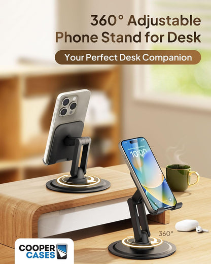 Cooper 360 Stand - Adjustable Cell Phone Stand for Desk | 360 Click-Rotating, Multi-Angle, Non-Slip Metal Base, Foldable & Portable | iPhone Stand for Desk, Cell Phone Stand Holder (Piano Black)