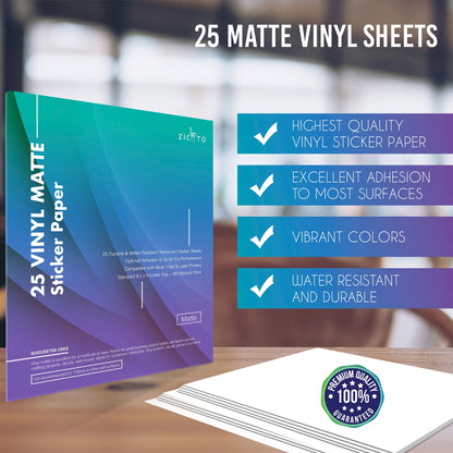 ZICOTO Premium Printable Vinyl Sticker Paper for Your Inkjet and Laser Printer - 15 Matte White Waterproof Decal Paper Sheets - Dries Quickly and Holds Ink Beautifully