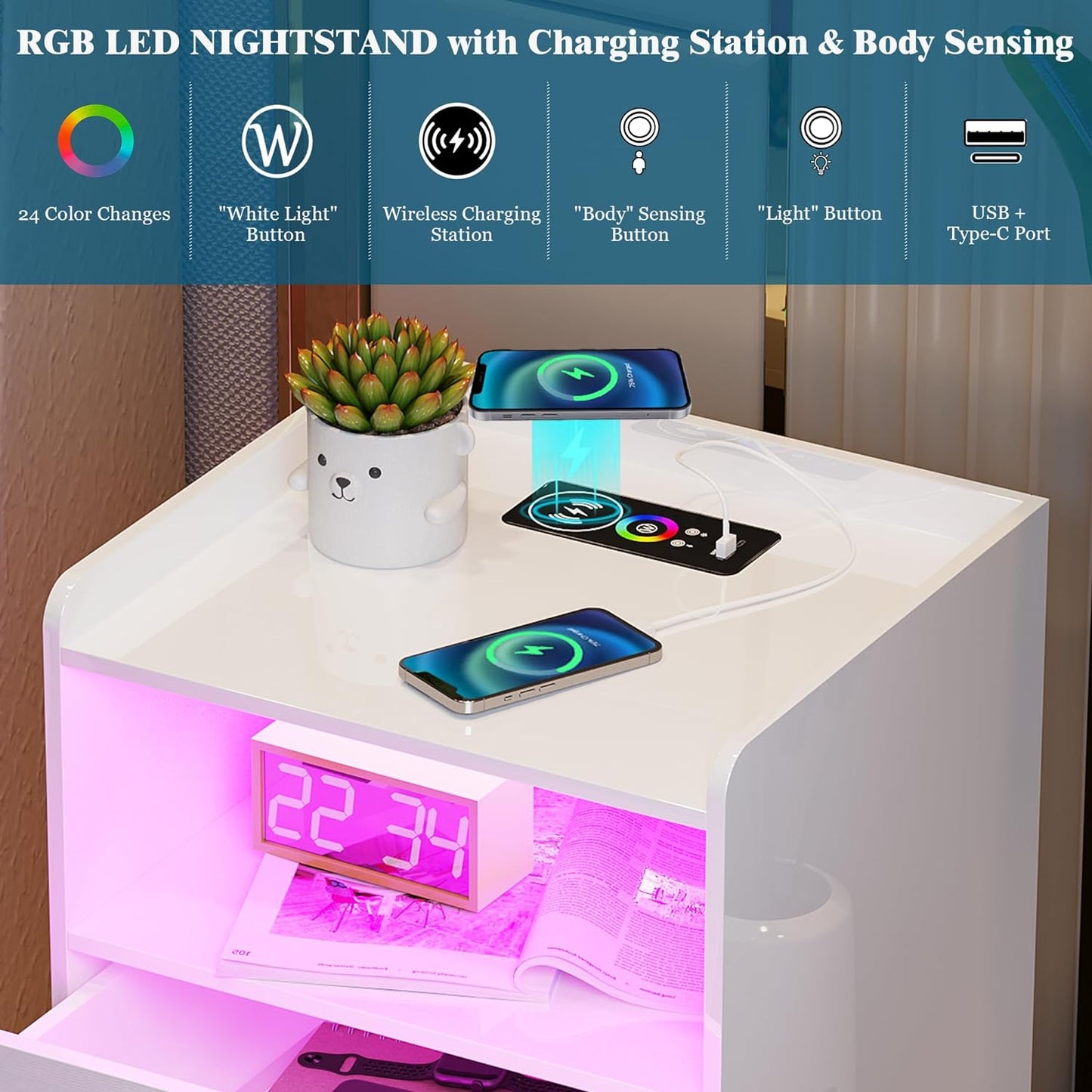 WOOVIVS White Nightstand with USB/Wireless Charging Station, LED Night Stand has 24 Color Lights, Side End Table with Sensor Mode, High-Gloss Bedside Table with Drawers for Bedroom Furniture