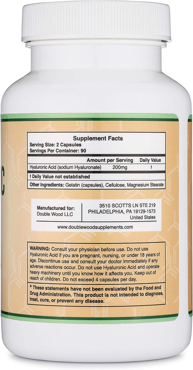 Hyaluronic Acid Supplement -180 Capsules (Enhances Effects of Hyaluronic Acid Serum for Face) 200mg Per Serving for Skin and Face Aging Support by Double Wood Supplements (Acido Hialuronico)