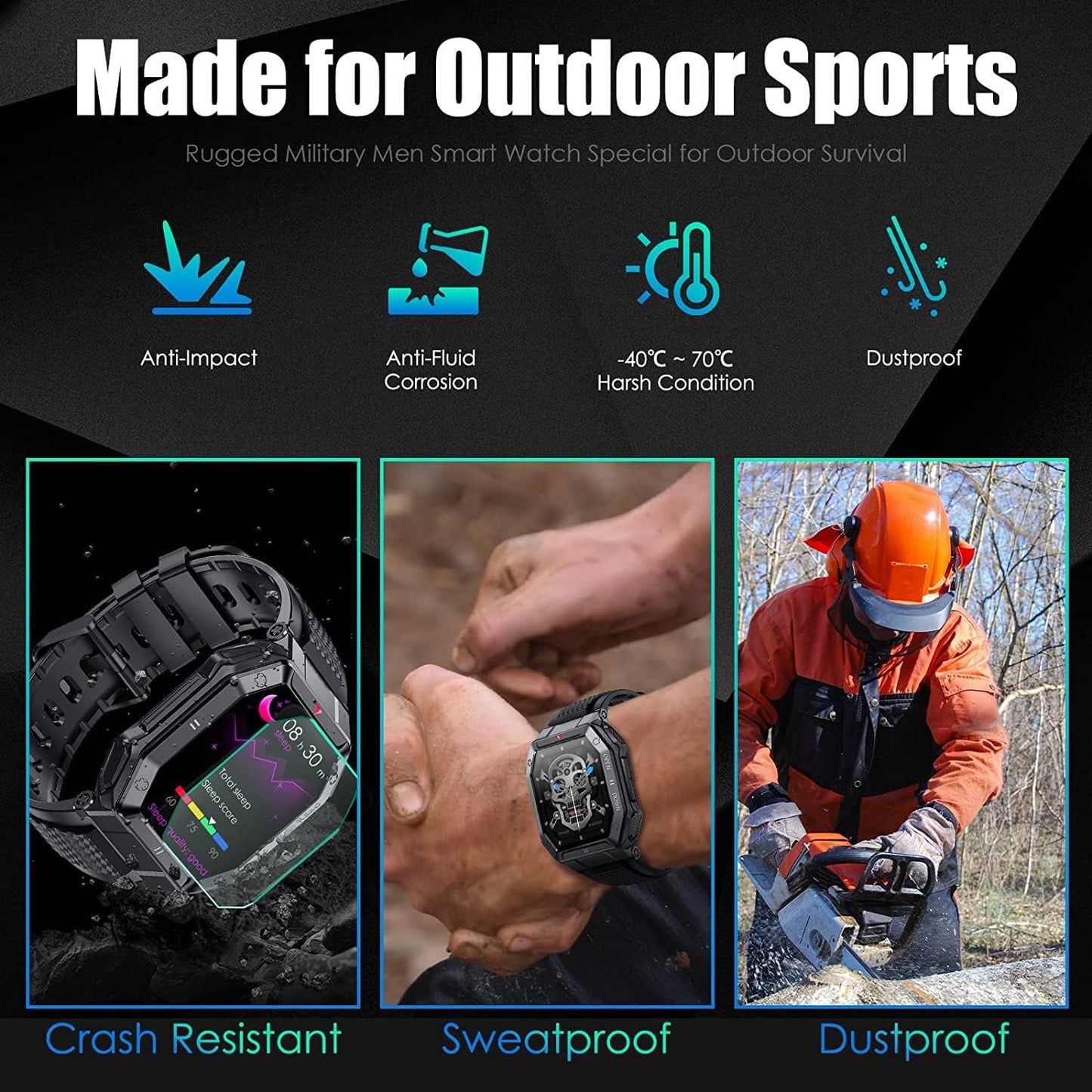 Military Smartwatch for Men with Call Answer/Make Outdoor Tactical Sports Watch Rugged 1.85" HD Heart Rate Fitness Tracker Smart Watch Compatible with iPhone Samsung Android (Black)