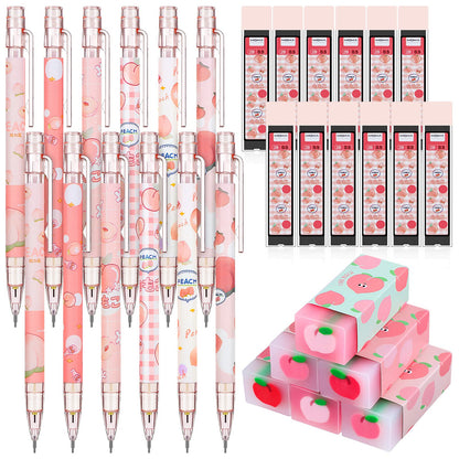 Sabary Kawaii Mechanical Pencil Set Include Peach Mechanical Pencils with Tubes 0.5 mm Pencil Refills and Cute Juice Peach Erasers School Supplies for Sketching Architecture Drawing (15 Pcs)