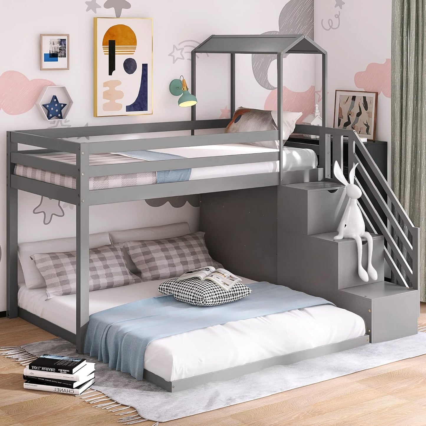 MOEO Twin Over Full House Roof Bunk Bed with Staircase and Shelves, Bedroom Wooden Bunkbed Fram w/Storage, Guard Rails for Kids, Teens, Adults, No Box Spring Required, Gray