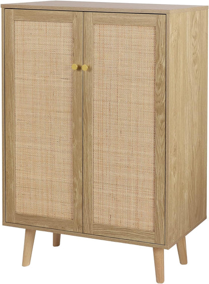 Anmytek Rattan Cabinet, 44" H Tall Sideboard Storage Cabinet with Crafted Rattan Front, Entryway Shoe Cabinet Wood 2 Door Accent Cabinet with Adjustable Shelves Rustic Oak, H0030