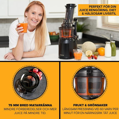 FRIDJA Powerful Masticating Juicer for Whole Fruits and Vegetables, Fresh Healthy Juice, Sorbet, Ice Cream, Wide Mouth 75mm Feeding Chute, BPA Free, 240-Watt, Cold Press, Black Stainless Steel f1900