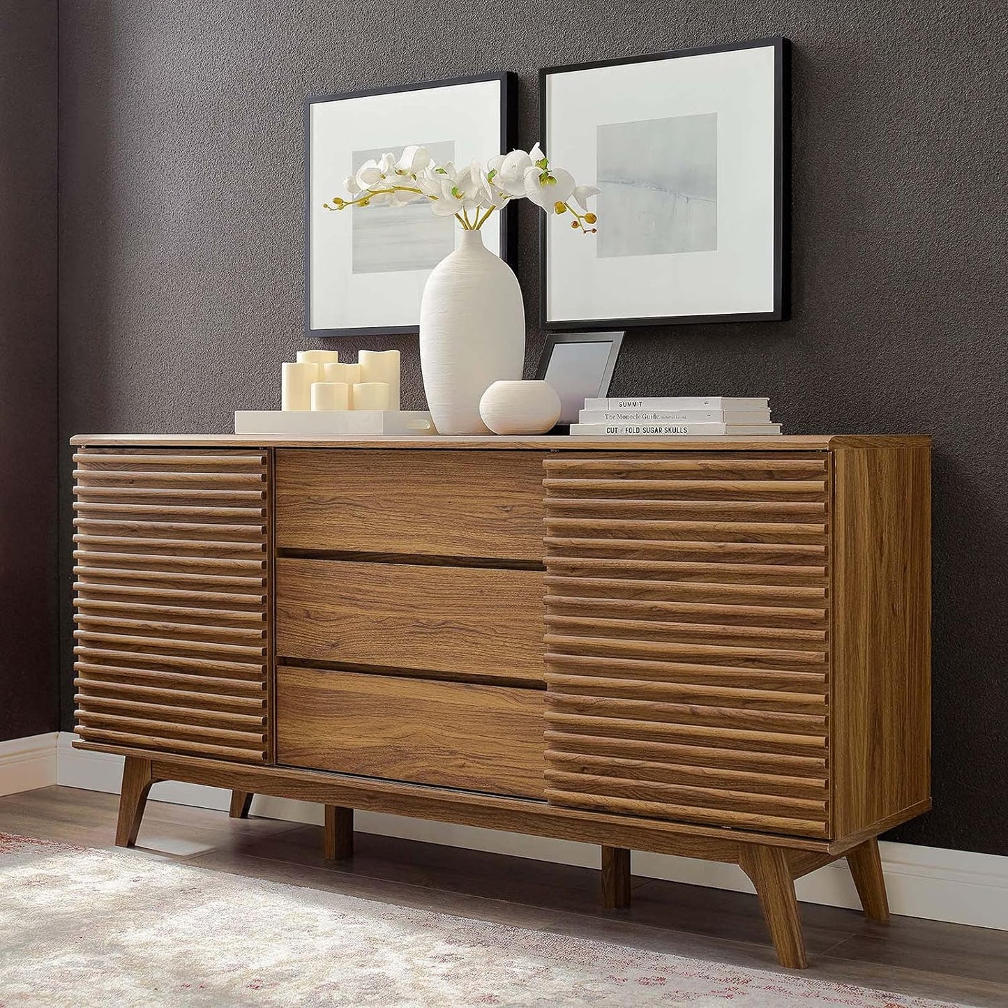 Modway Render 63" Mid-Century Modern Sideboard Buffet Table or TV Stand in Walnut