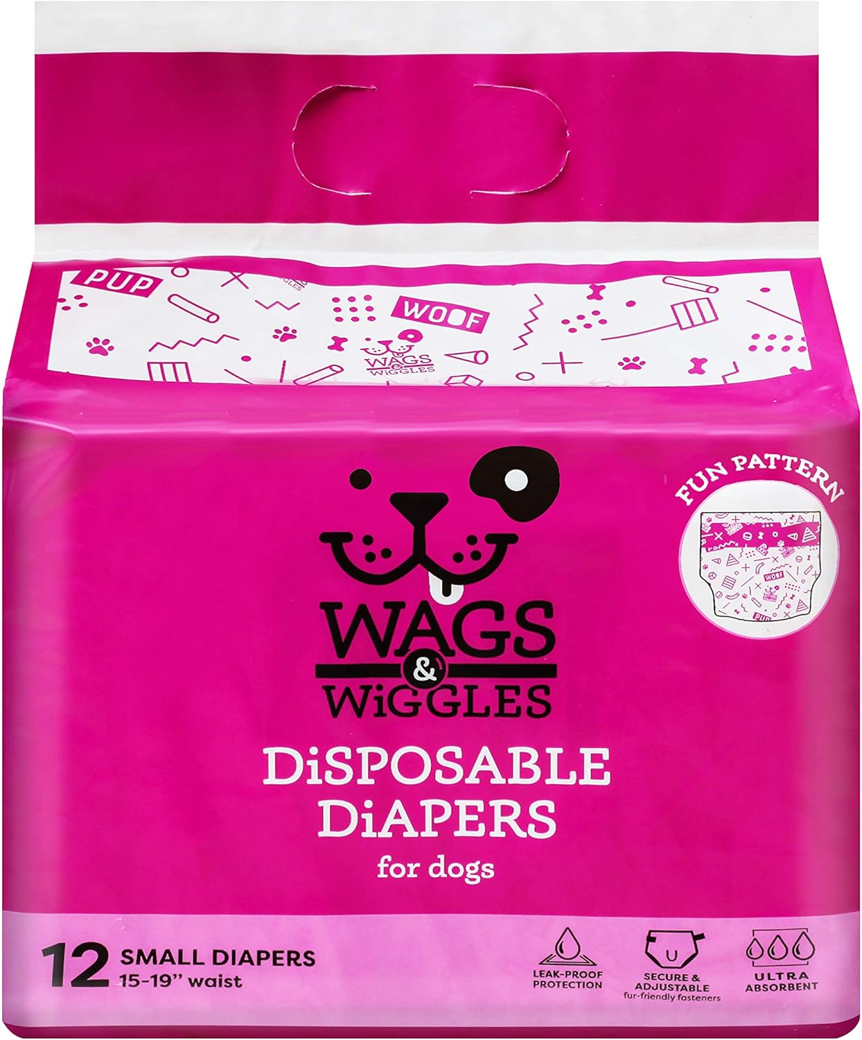 Wags & Wiggles Female Dog Diapers | Doggie Diapers for Female Dogs | Medium Dog Diapers, 16.5"-21" Waist - 12 Pack