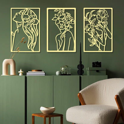 CHENGU 3 Pieces Metal Minimalist Abstract Woman Wall Art Line Drawing Wall Art Decor Single Line Female Home Hanging Wall Art Decor for Kitchen Bathroom Living Room (Black, Hand)