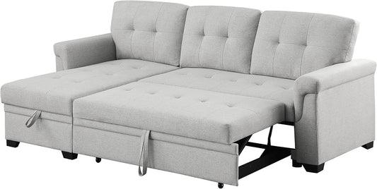 MMTGO 84'' L-Shape Convertible Sleeper Sectional Sofa, with Storage Chaise and Pull-Out Bed, Linen Upholstered Reversible Corner 3 Person Couch, Button Tufted Backrest, for Living Room, Apartment