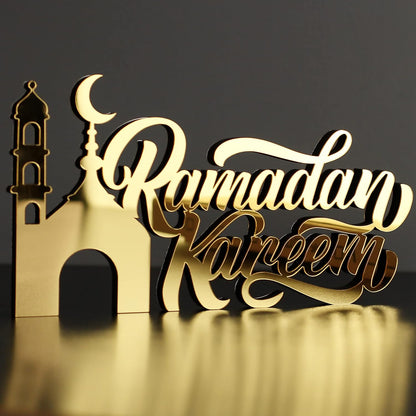 E World | Wooden Acrylic Islamic Tabletop Decors | Ramadan Kareem and Eid Mubarak Decoration | Islamic Muslim Gifts | Ramadan Eid Decoration | (Ramadan Kareem-1, Gold)