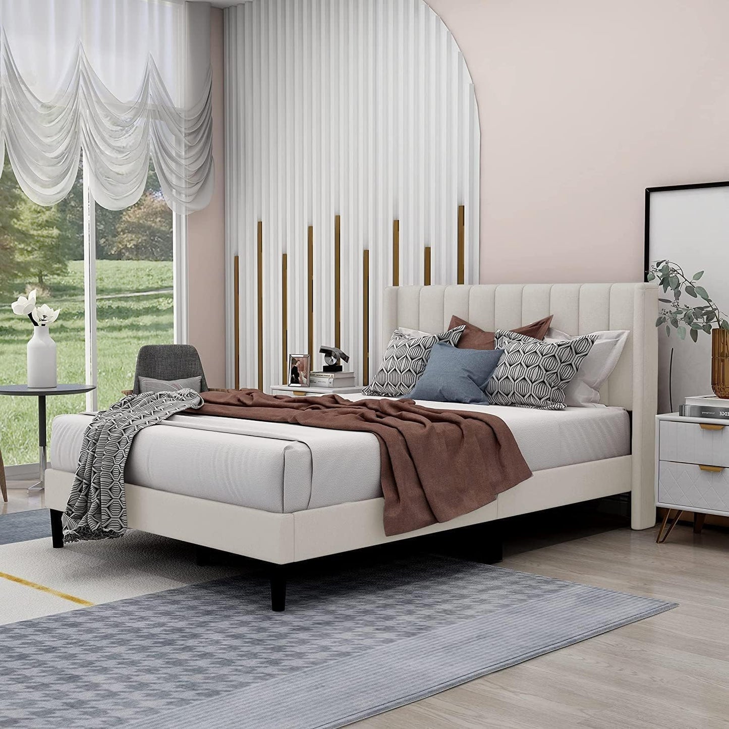 Wooden Twist Modern Rectangular Velvet Upholstery Bed with Soft Wingback Headboard Transform Your Bedroom Into a Sanctuary of Comfort and Style with Our Upholstery Bed (Beige) (Twin)