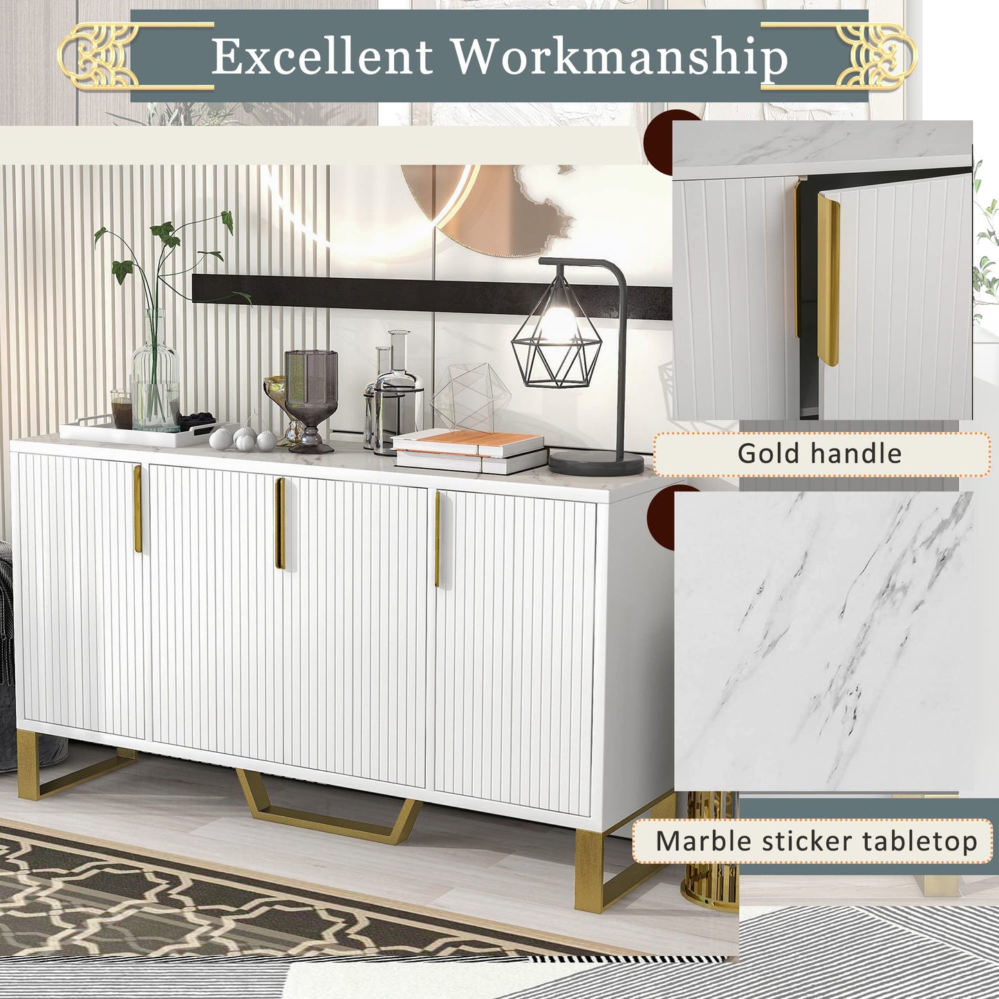 ManyStars Modern Buffet Sideboard with 4 Doors & Adjustable Shelves, Luxury Entryway Storage Cabinets with Metal Legs and Handles, Kitchen Console Table for Dining Living Room,White+Gold