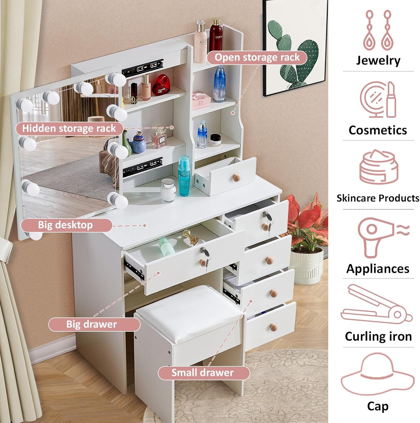 LIANWANG Dressing Table with LED Lighting, 3 Colour Temperatures, Adjustable Brightness, Dressing Table with Mirror for Make-Up, 6 Drawers, 1 Stool, 131 x 80 x 36 cm, White