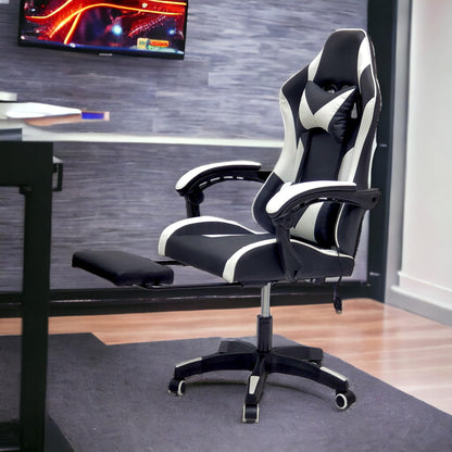 SBF Gaming Chair with Footrest, High Back Leather Office Desk Chair with USB Massager, Adjustable Height, Headrest and Lumbar, Swivel Video Game Chair, Ergonomic Computer Gaming Chair (White Black)