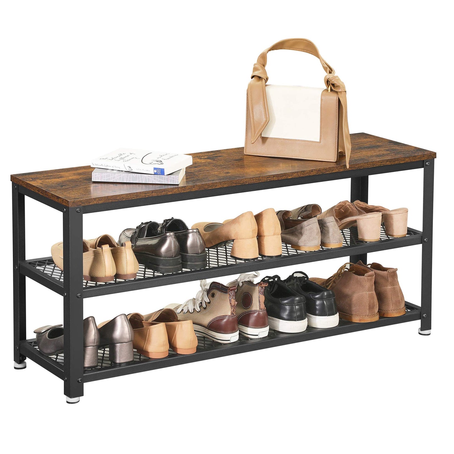 VASAGLE Shoe Bench, 3-Tier Shoe Rack, 28.7 Inches Long Storage Shelves, for Entryway, Living Room, Hallway, Accent Furniture, Steel Frame, Industrial Design, Rustic Brown and Black ULBS73X