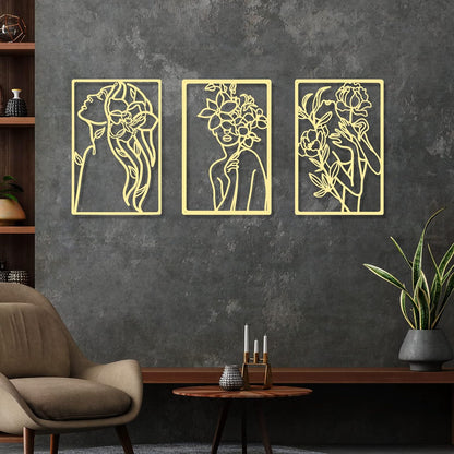 CHENGU 3 Pieces Metal Minimalist Abstract Woman Wall Art Line Drawing Wall Art Decor Single Line Female Home Hanging Wall Art Decor for Kitchen Bathroom Living Room (Black, Hand)