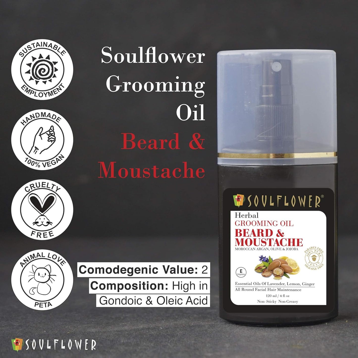 Soulflower Beard Moustache Oil for Men Facial Hair, Softens & Grooming Beard & Moustache with 100% Pure & Organic Essential Oils Lavender, Lemon, Ginger, Best Gift For Fathers' Day, 4 Fl Oz