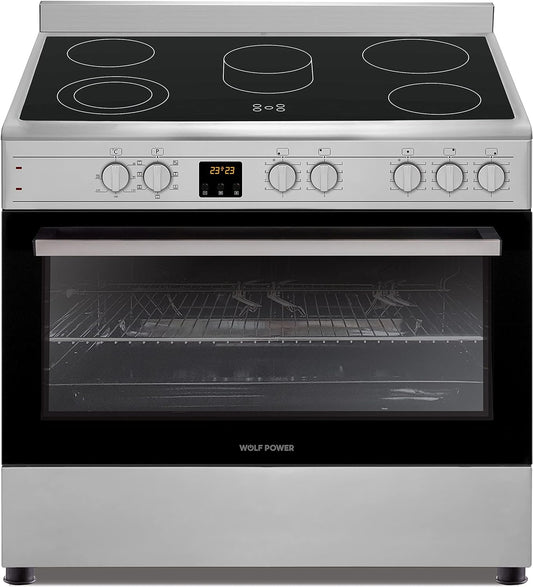 Wolf Power 90X60 cm VitroCeramic Cooker, 4 Cooking Zones, 98 Liters Electric Oven With Turbo Fan, Stainless Steel, WGC9060CERMF, 1 Year Warranty