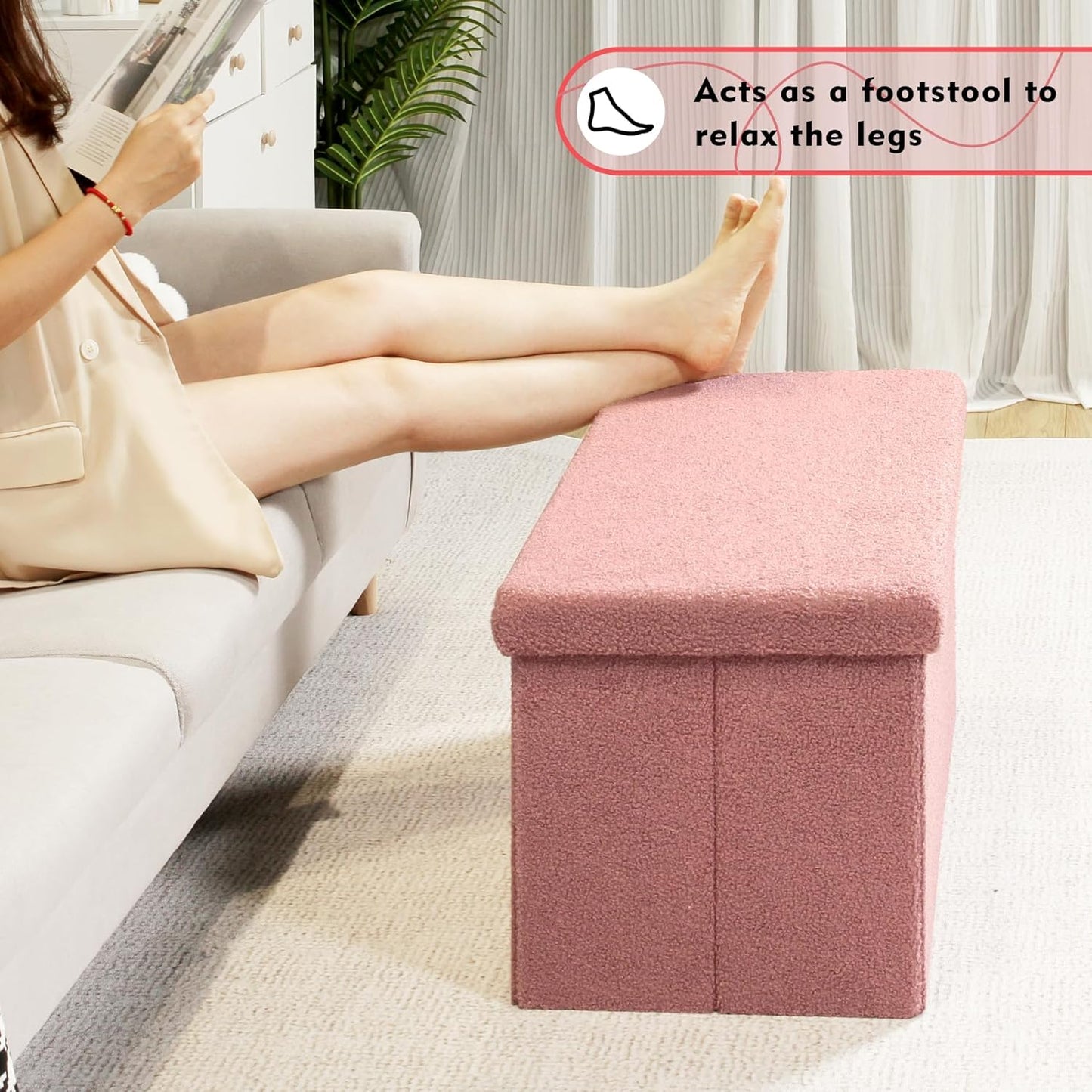 PINPLUS Storage Ottoman Foot Rest Stool, White Folding Sherpa Ottoman, Ottoman with Storage, Teddy Velvet Ottoman for Living Room, Bedroom, Dorm, 16.5" x 12.6" x 12.6"