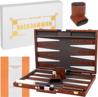 Backgammon Set 17.5 Inch Classic Backgammon Board Game Sets Handheld Backgammon Sets for Adults and Kids Brown Faux Leather Case Instructionطاولة زهر منقوشة ومرصعة بالصدف صناعة يدوية مع حجارة الزهر