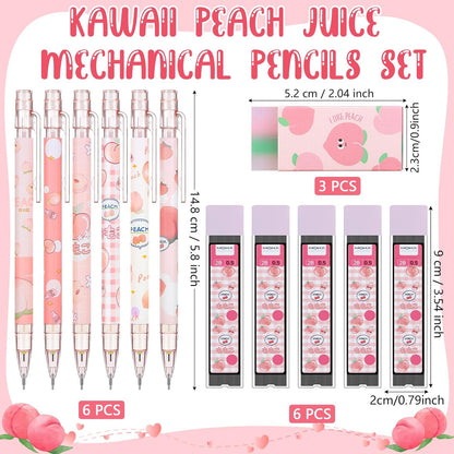 Sabary Kawaii Mechanical Pencil Set Include Peach Mechanical Pencils with Tubes 0.5 mm Pencil Refills and Cute Juice Peach Erasers School Supplies for Sketching Architecture Drawing (15 Pcs)