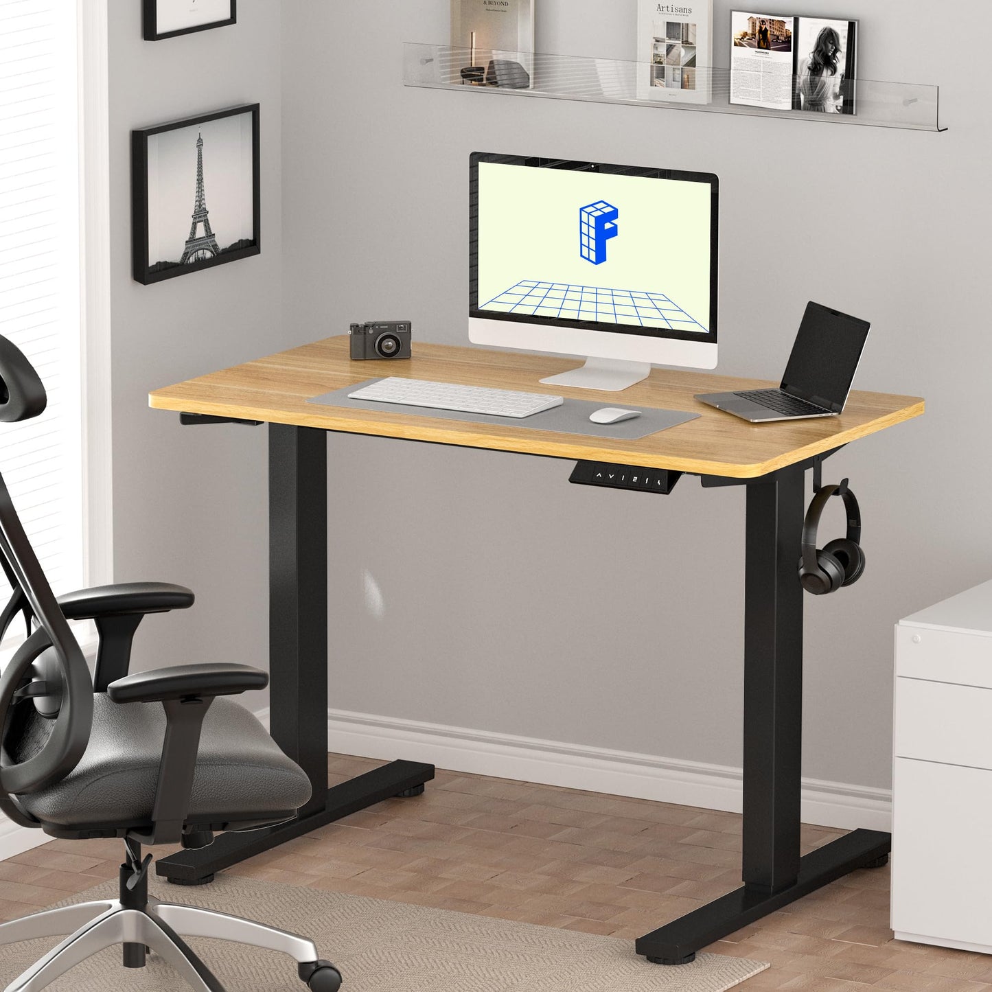 Flexispot 55 X 28 Inches Electric Stand Up Metal Desk Workstation, Whole Piece Desk Board Home Office Computer Standing Table Height Adjustable Desk Black Frame and 55 Black Top