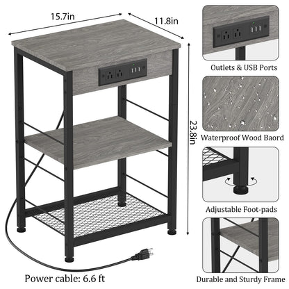 Nightstand with Charging Station End Table with USB Ports and Power Outlets Side Tables Bedroom with Storage Shelves Industrial End Table 3 Tier in Living Room Bedside, Brown