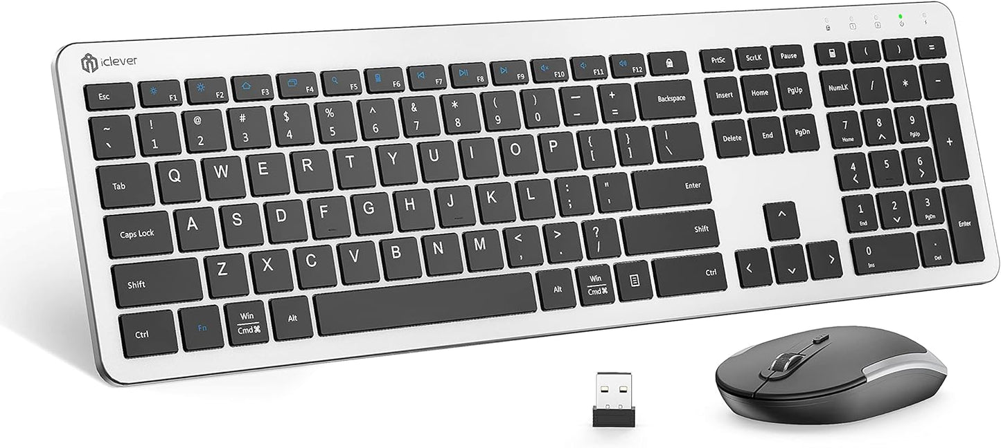 iClever Wireless Keyboard and Mouse GK08- Rechargeable Wireless Keyboard Ergonomic Full Size Design with Number Pad, 2.4G Stable Connection Slim White Keyboard and Mouse for Windows, Mac OS Computer