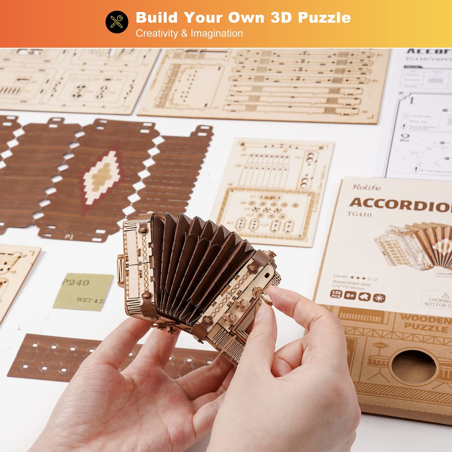 Rolife 3D Wooden Puzzles Model Kit for Adults and Teens to Build Musical Instrument Serie (Accordion)