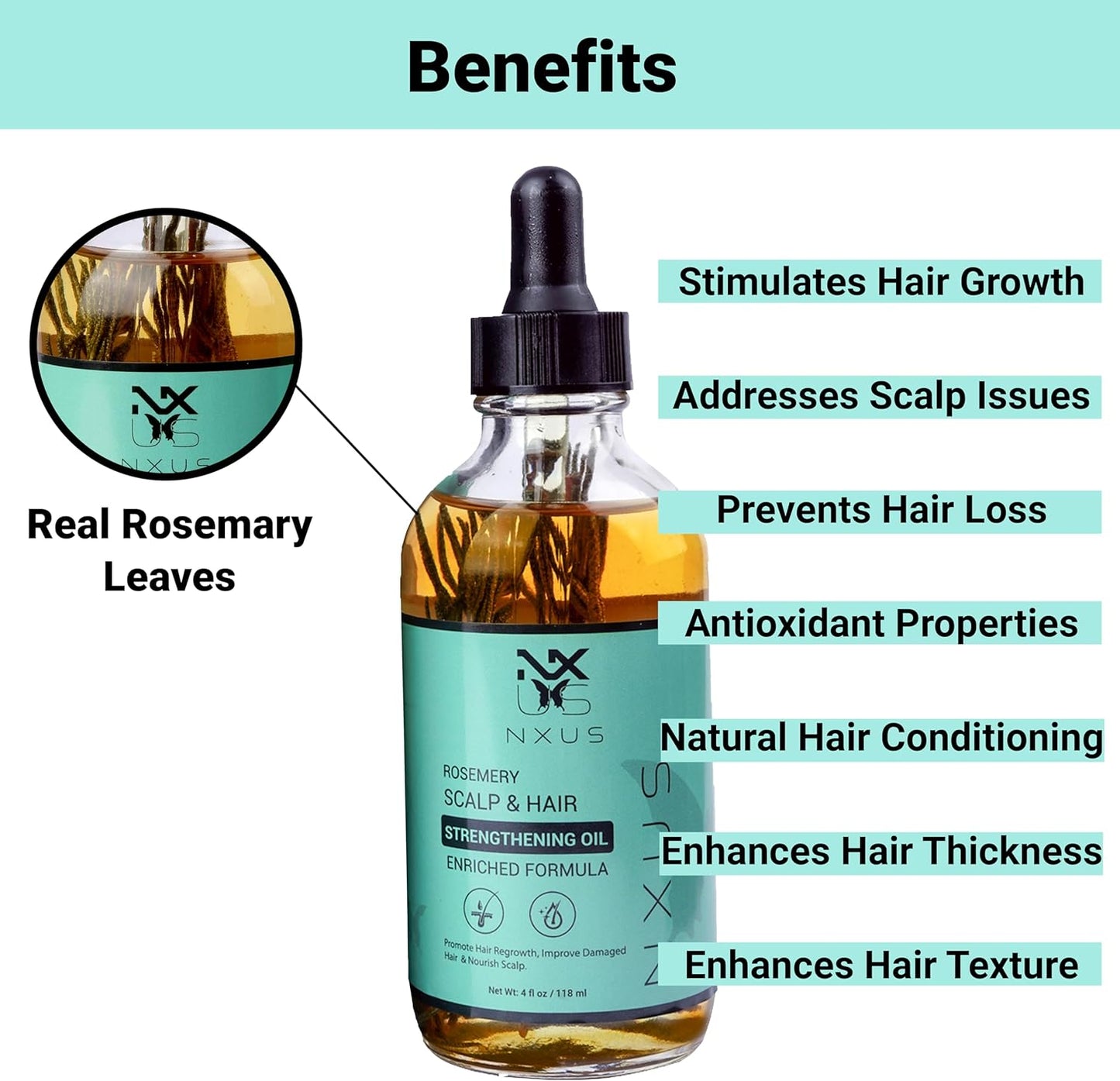 NXUS 118ml Large Rosemary Oil For Hair Growth With Scalp Massager & Derma Roller (0.25mm) To Stop Hair Fall & Receding Hair Line Scalp & Hair Strengthening Oil 100%Organic & Natural Hair Growth Serum