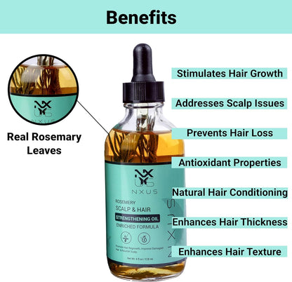 NXUS 118ml Large Rosemary Oil For Hair Growth With Scalp Massager & Derma Roller (0.25mm) To Stop Hair Fall & Receding Hair Line Scalp & Hair Strengthening Oil 100%Organic & Natural Hair Growth Serum