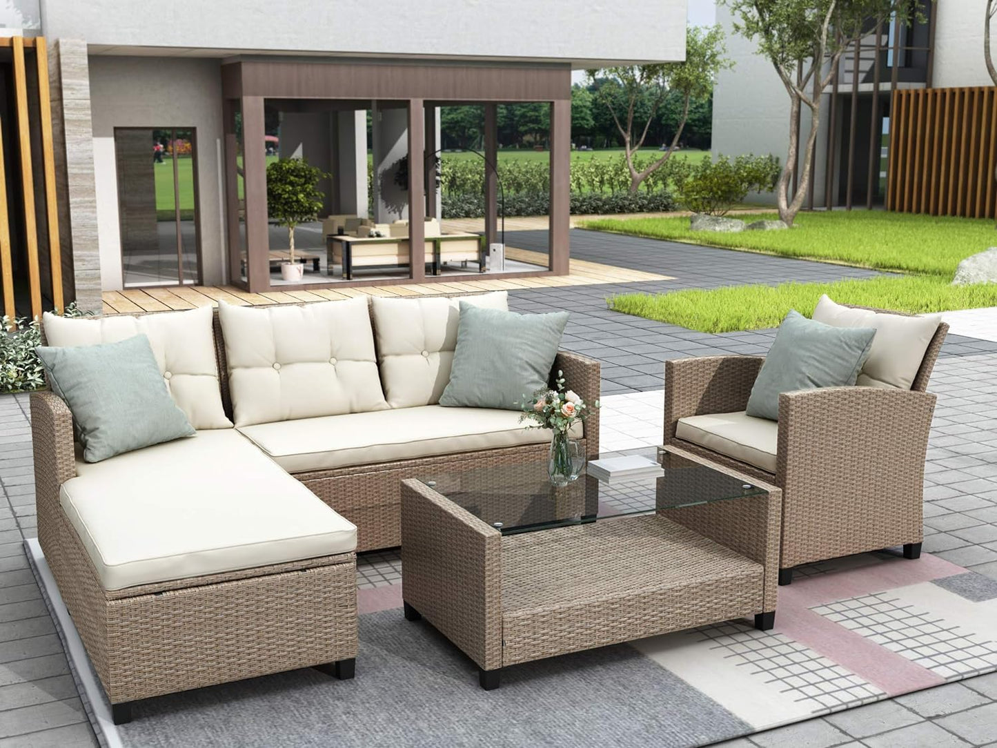 Morhome 5 Pieces Patio Furniture Sets All Weather Wicker Rattan Sectional Sofa Outdoor Conversation with Adustable Backrest, Cushions, Ottomans and Lift Top Coffee Table for Poolside, Garden, Backyard