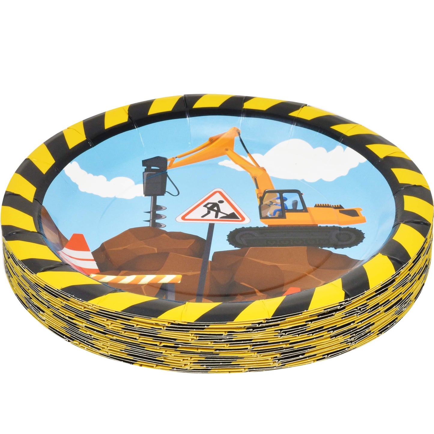 Construction Themed Birthday Party Supplies Tableware Set 24 9" Paper Dinner Plates 24 7" Dessert Plate 24 9 Oz. Cups 50 Lunch Napkins Digger Truck Bulldozer Vehicle Construction Zone Site Decorations