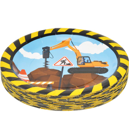 Construction Themed Birthday Party Supplies Tableware Set 24 9" Paper Dinner Plates 24 7" Dessert Plate 24 9 Oz. Cups 50 Lunch Napkins Digger Truck Bulldozer Vehicle Construction Zone Site Decorations