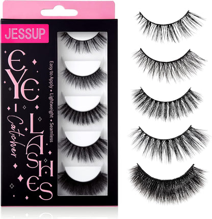 Jessup False Eyelashes Natural Look Fake Eyelashes 5 Pairs Pack Faux Mink Eyelashes 3D Wispy Fluffy Reusable Fake Lashes, FE503