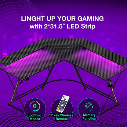 Chulovs Gaming Desk 50.4” with LED Strip & Power Outlets, L-Shaped Computer Corner Desk Carbon Fiber Surface with Monitor Stand, Ergonomic Gamer Table with Cup Holder, Headphone Hook (Black)