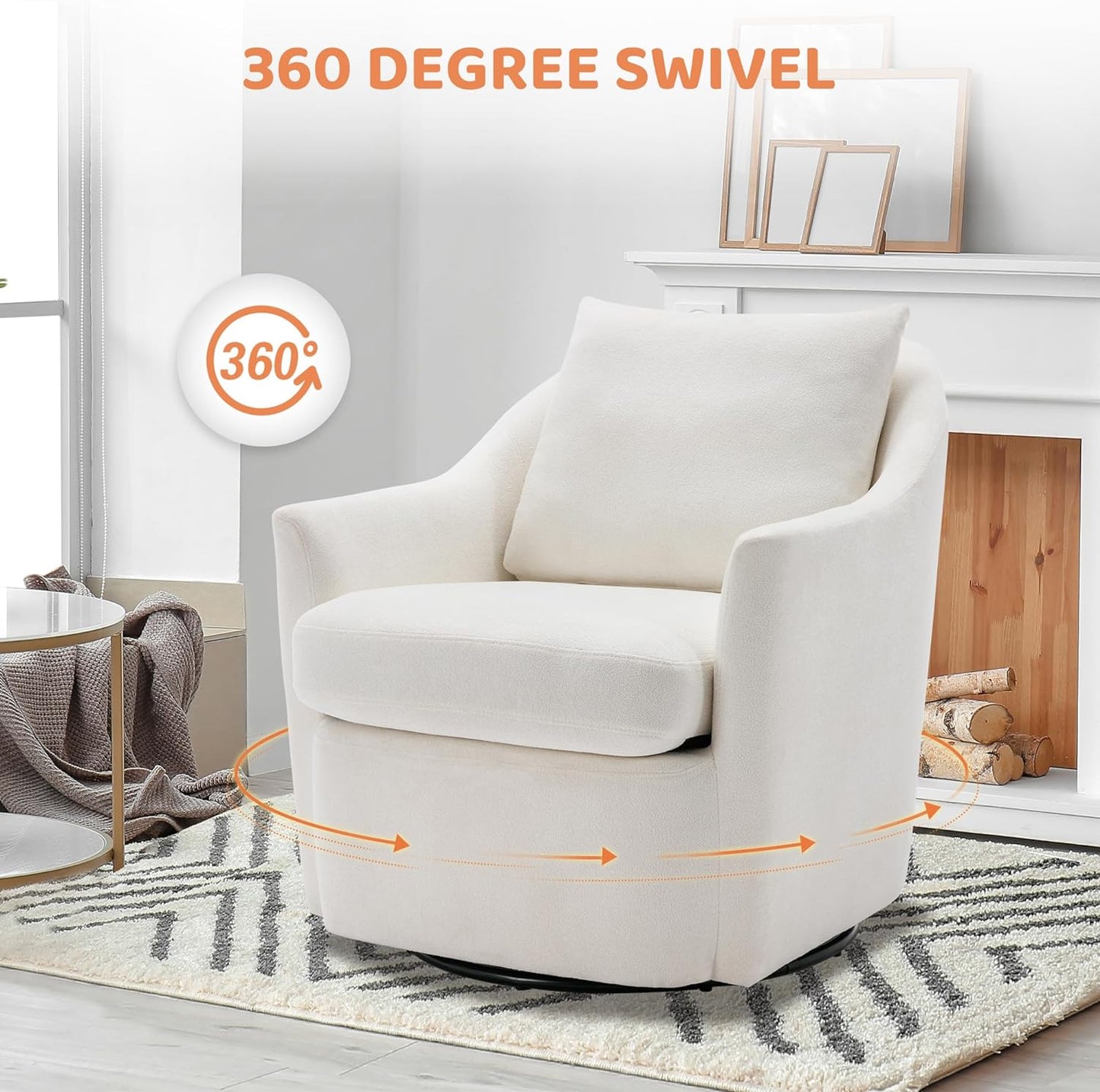 COLAMY Swivel Armchair Barrel Chair, Upholstered Round Accent Chair, 360° Swivel Single Sofa with Back Pillow for Comfort, Morden Arm Chair for Living Room/Nursery/Bedroom-Cream