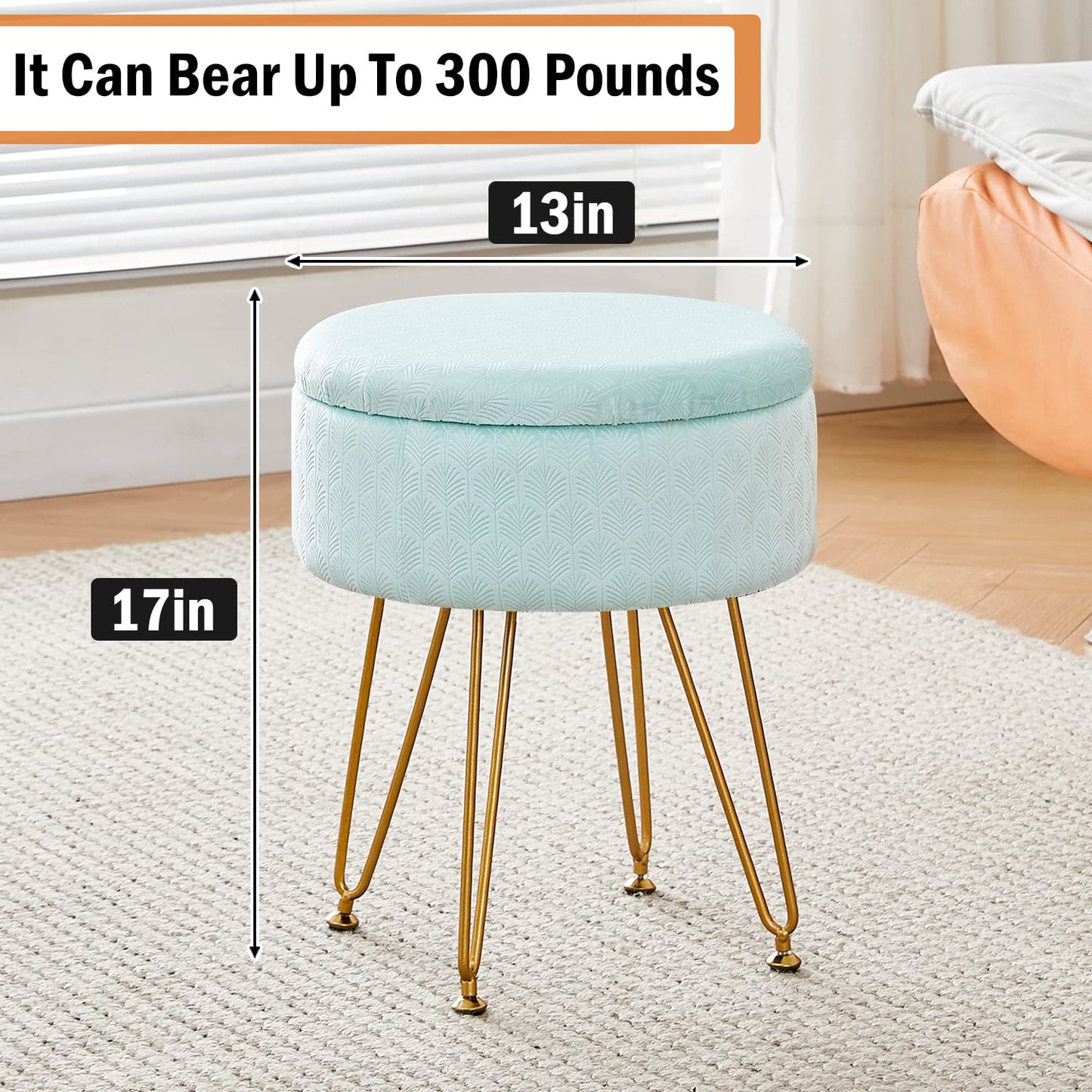 Cpintltr Footrest Footstools Round Velvet Ottoman with Storage Space Soft Vanity Chair with Memory Foam Seat Small Side Table Hallway Step Stool 4 Gold Metal Legs with Adjustable Footings Champagne