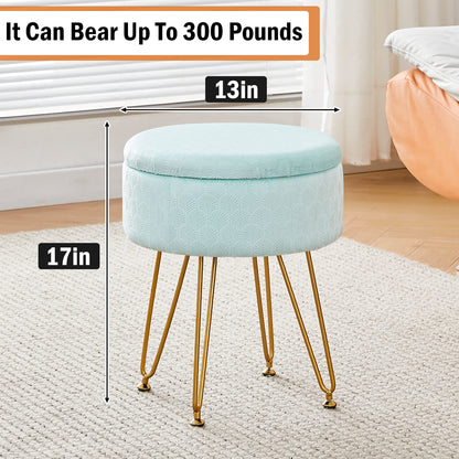 Cpintltr Footrest Footstools Round Velvet Ottoman with Storage Space Soft Vanity Chair with Memory Foam Seat Small Side Table Hallway Step Stool 4 Gold Metal Legs with Adjustable Footings Champagne