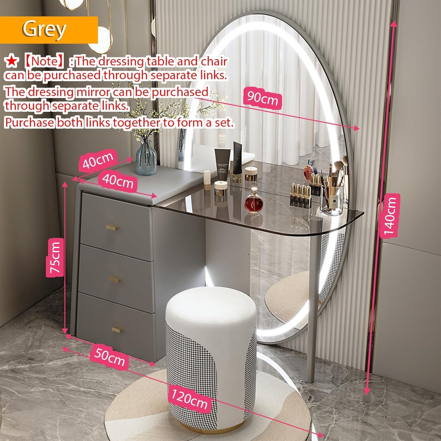 Generic Dressing table with 3 drawers, makeup mirror with LED lighting, Integrated floor-to-ceiling mirror-Grey-120 * 40cm【Dressing table + benches】