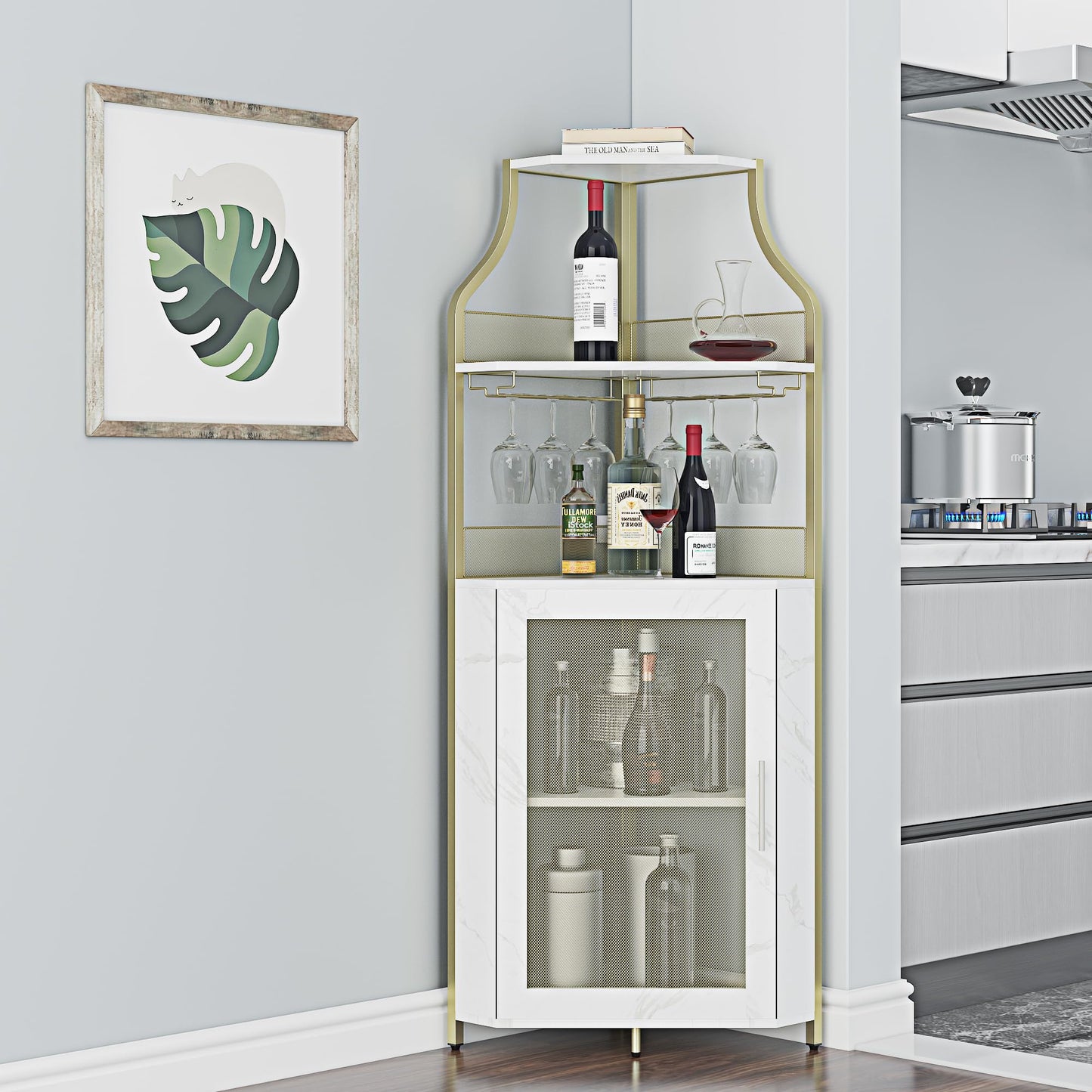 IDEALHOUSE Corner Wine Bar Cabinet with Detachable Wine Rack, Bar Cabinet with Glass Holder, Small Sideboard and Buffet Cabinet with Mesh Door (Grey)