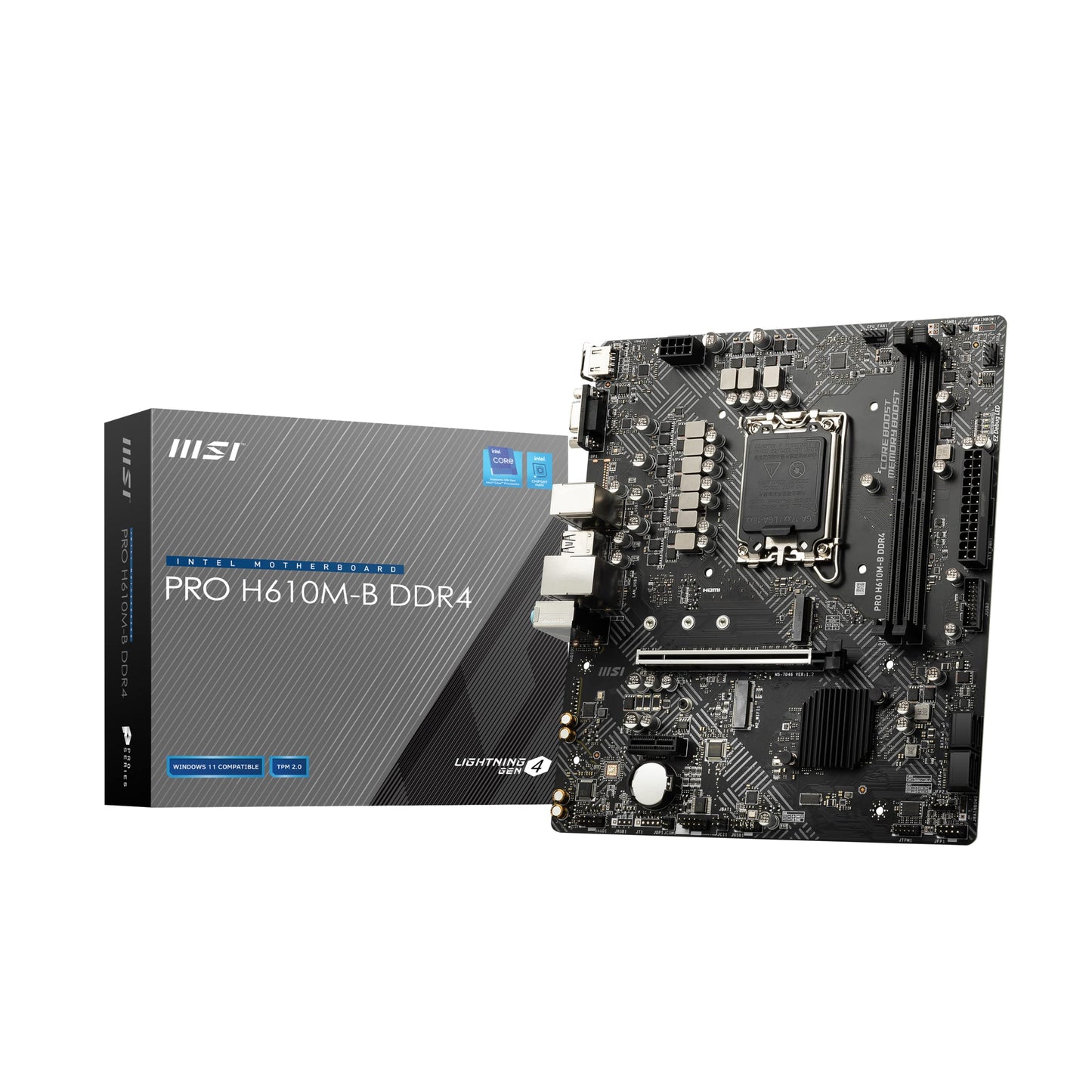 MSI Pro H610M-G DDR4 Micro-ATX Motherboard, Socket LGA 1700, H610 Chipset, 1x Intel I219V Gigabit LAN Controller, 2 DIMM Slots, M.2 Slot, PCI-E X16, SATA III, HDMI, VGA, DP