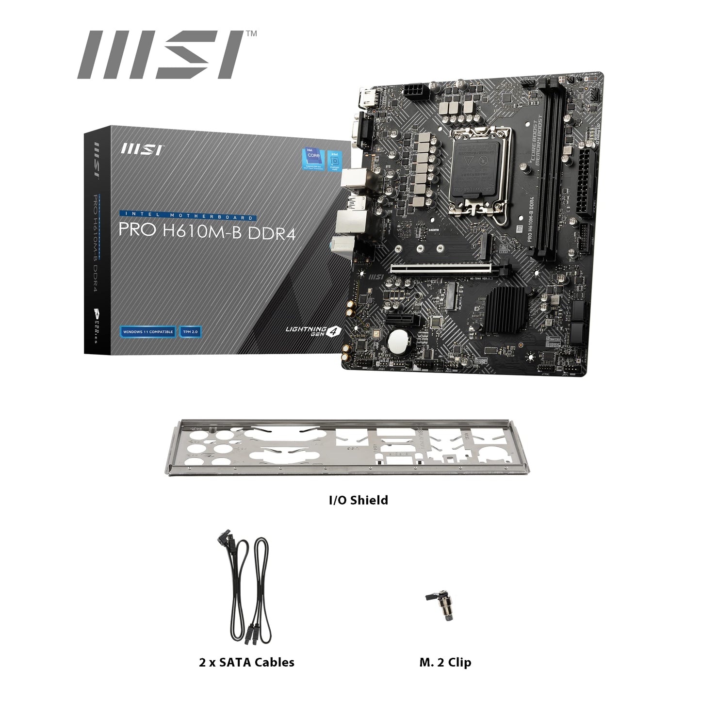 MSI Pro H610M-G DDR4 Micro-ATX Motherboard, Socket LGA 1700, H610 Chipset, 1x Intel I219V Gigabit LAN Controller, 2 DIMM Slots, M.2 Slot, PCI-E X16, SATA III, HDMI, VGA, DP