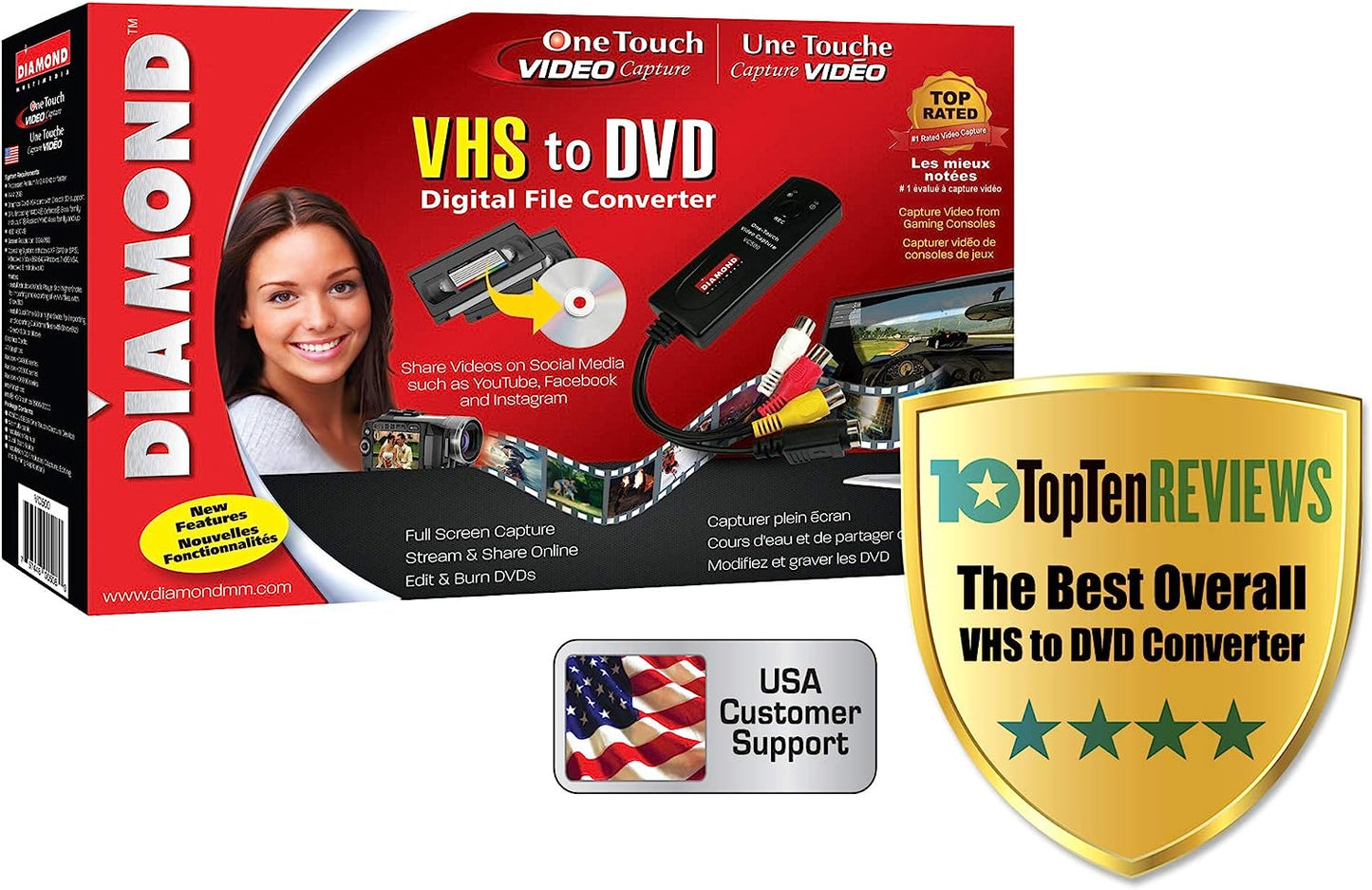 Diamond Multimedia Diamond Vc500 Usb 2.0 One Touch Vhs To Dvd Video Capture Device With Easy To Use Software, Convert, Edit And Save To Digital Files For Win7, Win8 And Win10, One Size