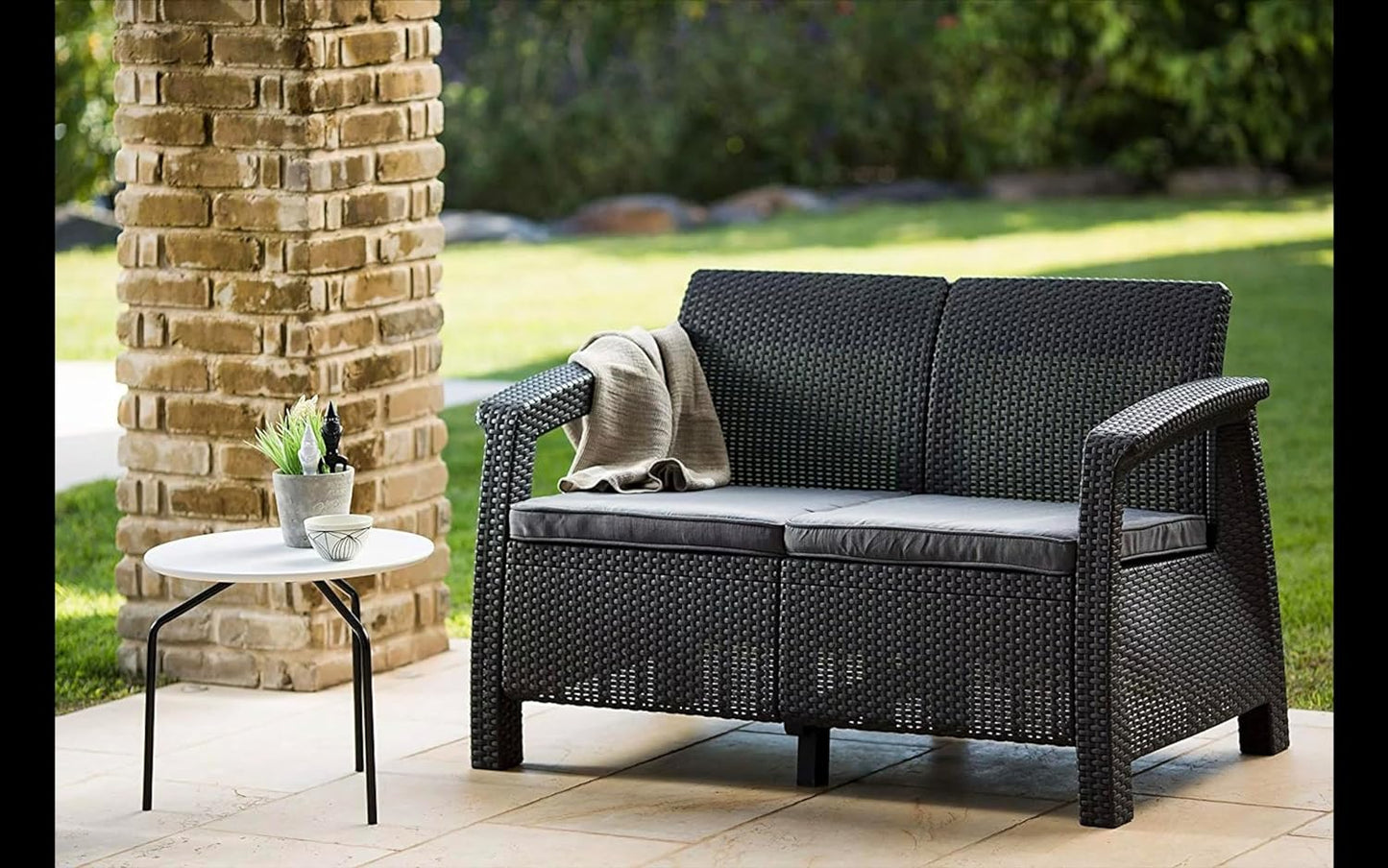 Plastdour Three Seater Sofa Patio Sofa Outdoor Seating Set Rattan Furniture Garden Cushion Sofa Outdoor Sofa Balcony Furniture Outdoor Sofa Set Garden Sofa with Cushion (Three Seater Sofa, Grey)