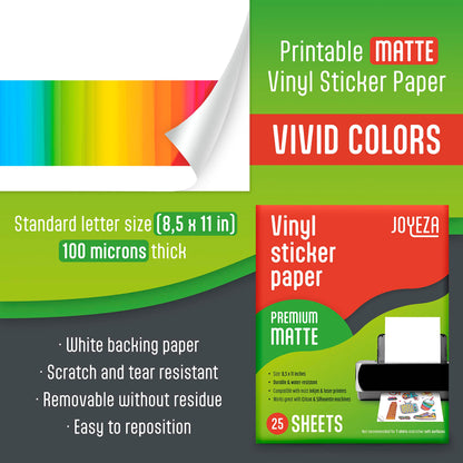 JOYEZA Premium Printable Vinyl Sticker Paper for Inkjet Printer - 25 Sheets Matte White Waterproof, Dries Quickly Vivid Colors, Holds Ink well- Tear Resistant & Laser