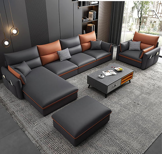 Modern Sofa Living Room Arm Corner Sectional Mid Century Mini Loveseat Couch Accent Beds Leather Sofa Inflavel Bedroom Furniture Full Set (BlackAndOrange)