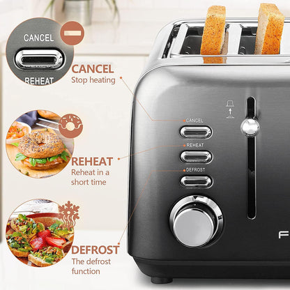 Toaster 4 Slice, FIMEI Stainless Steel Toaster with Extra Wide Slot, Automatic Toaster, Compact Bagel Toaster, 7 Browning Setting with Defrost/Reheat/Cancel Function, Removable Crumb Tray (Gradient)