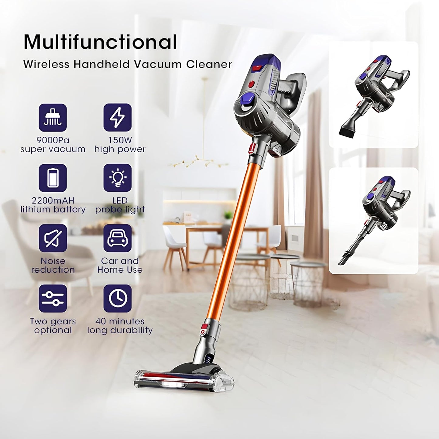 XVersion Cordless Stick Vacuum Cleaner with 40mins run time, 4 in 1 Handheld Vacuum with LED Lights, Detachable Battery for Hardwood Floor/Carpet/Tile/Marble, with 1 Year Warranty - Golden